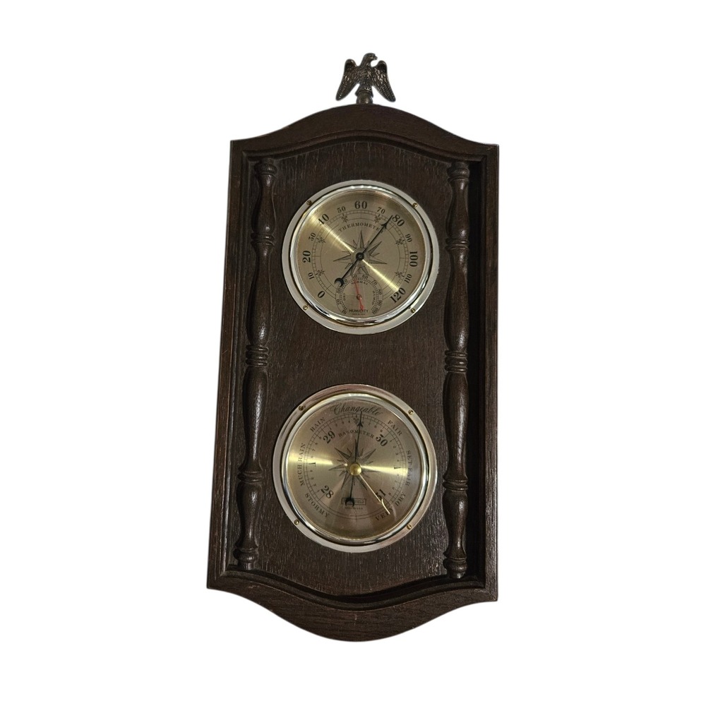 Vintage Springfield Wood Wall Weather Station Barometer & Thermometer with Eagle